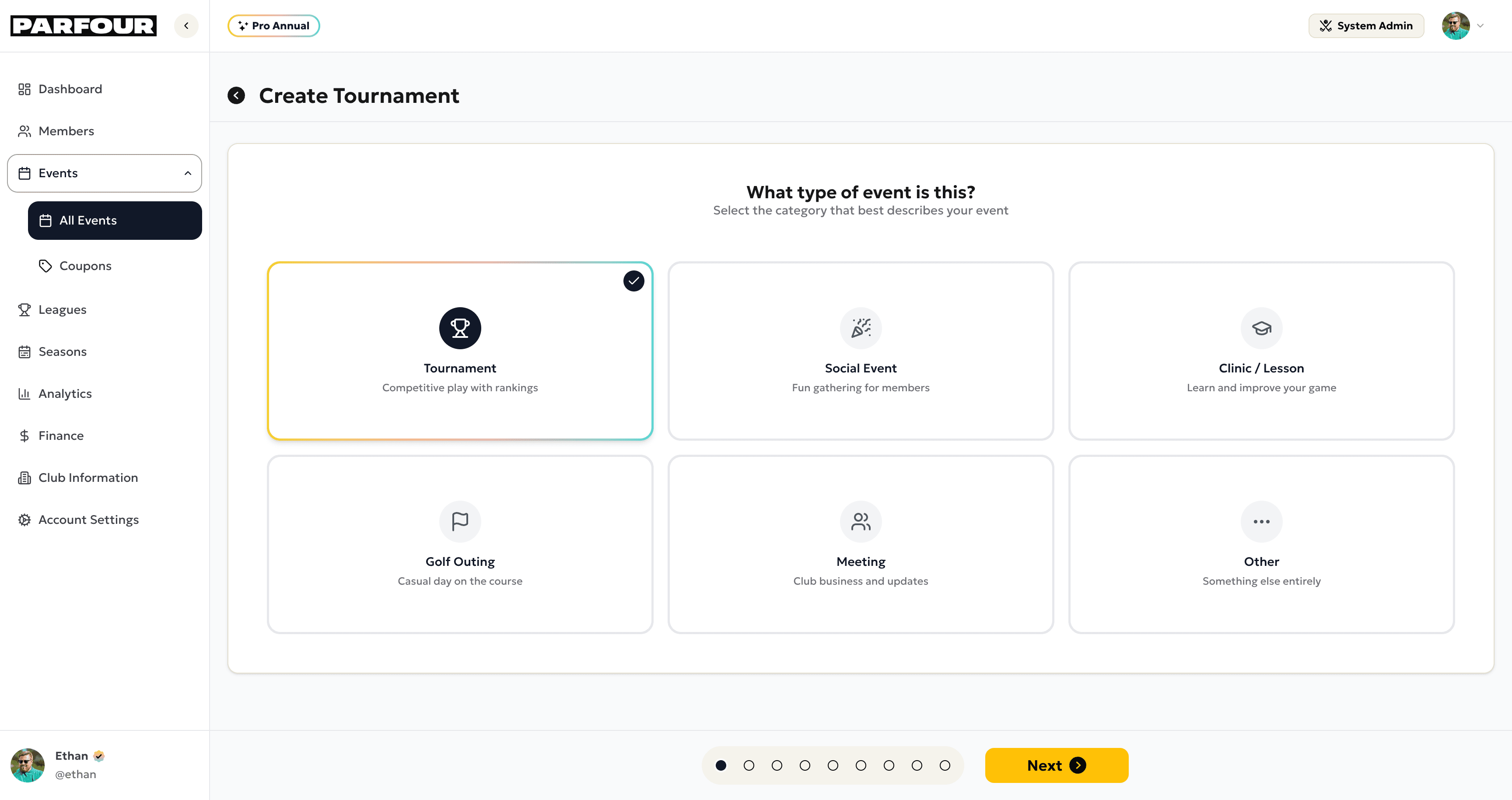 Parfour Tournament Creation - Event Types